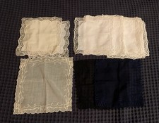 21  Vintage Lace Edged Embroidered White, Ivory Black , Navy Blue Handkerchief