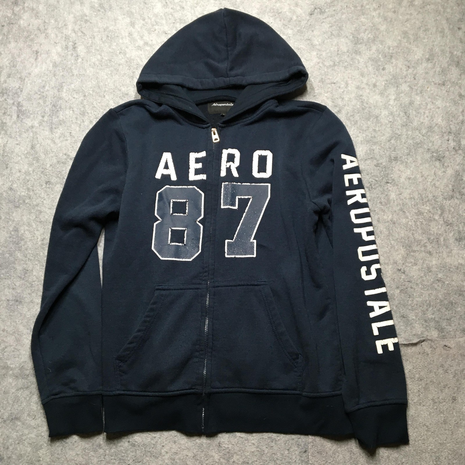 Aeropostale Hoodie Mens Large Navy Blue Aero 87 Zip Up Graphic Sweatshirt
