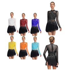 US Women's Long Sleeve Figure Ice Skating Dress Lyrical Dancewear Leotards Dress