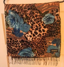 Felted Cashmere Blend Floral/Leopard/Tiger Scarf/Wrap 16-1/2”x 72” Blu Brown Blk