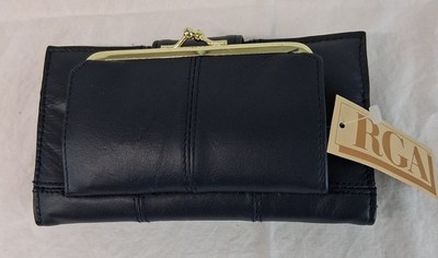 RGA Genuine Leather Check Clutch Wallet Black w Christmas Gift Box NWT open box