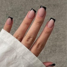 Modelones Black French Tip Press On Nails, 32Pcs Reusable Nail Kit with Glue &