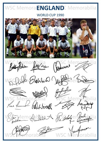 12677. England World Cup 1990 Signed Team Picture Sheet (PRINTED AUTOGRAPHS A4)