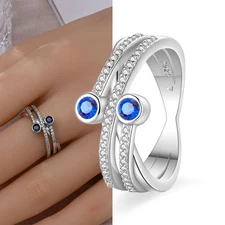 KUNSIR 925 Sterling Silver Wide Band Blue Interwoven Ring For Women Men Jewelry