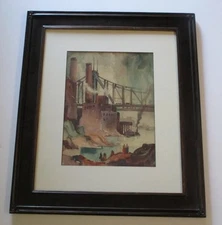 ANTIQUE AMERICAN WPA ERA PAINTING INDUSTRIAL BRIDGE VIEW IMPRESSIONIST MYSTERY
