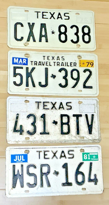 4 Collectable Texas Lic. Plates WSR-164, 5KJ-392, CXA-838, 431-BTV
