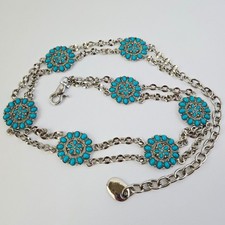 Blue Faux Turquoise Stone Silver Concho Belt Chain Metal Western Waist Chain