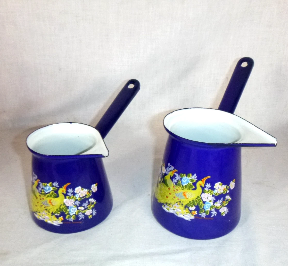 Set of 2 Vtg Blue Enamel Sauce Warmers Ladles Turkish Coffee W/ Peacocks Romania
