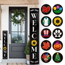 Welcome Sign for Front Porch Standing, Interchangeable Wooden Sign with 5 Des...