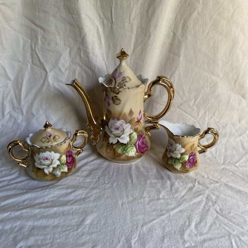 Lefton China Hand Painted Brown Heritage 1866 Rose Coffee Pot, Creamer & Sugar