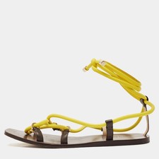 Jimmy Choo BrownYellow Rope and Leather Aziza Flat Ankle Wrap Sandals Size 39.5