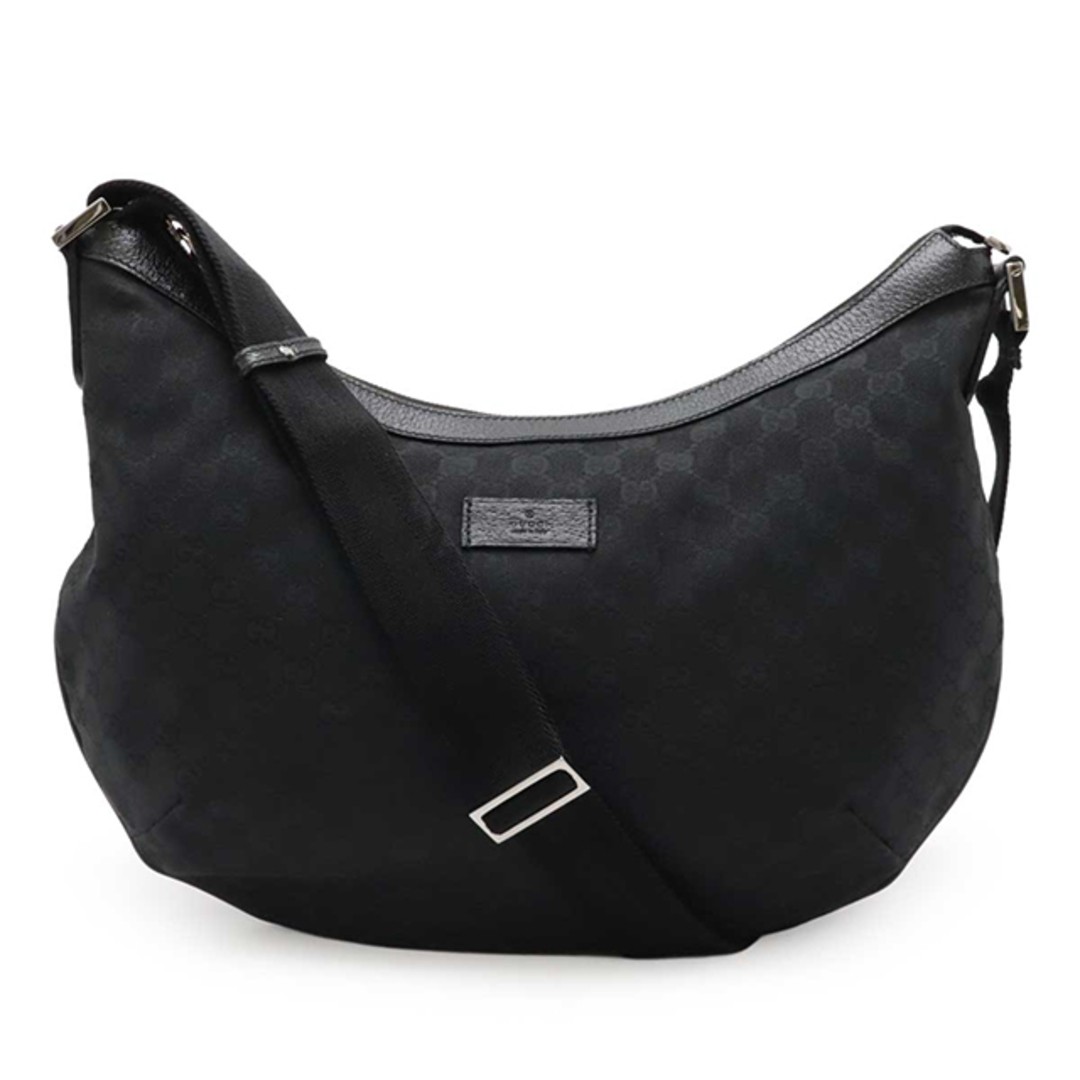 GUCCI GG Canvas Shoulder Bag Crossbody Black Leather Silver Hardware Used