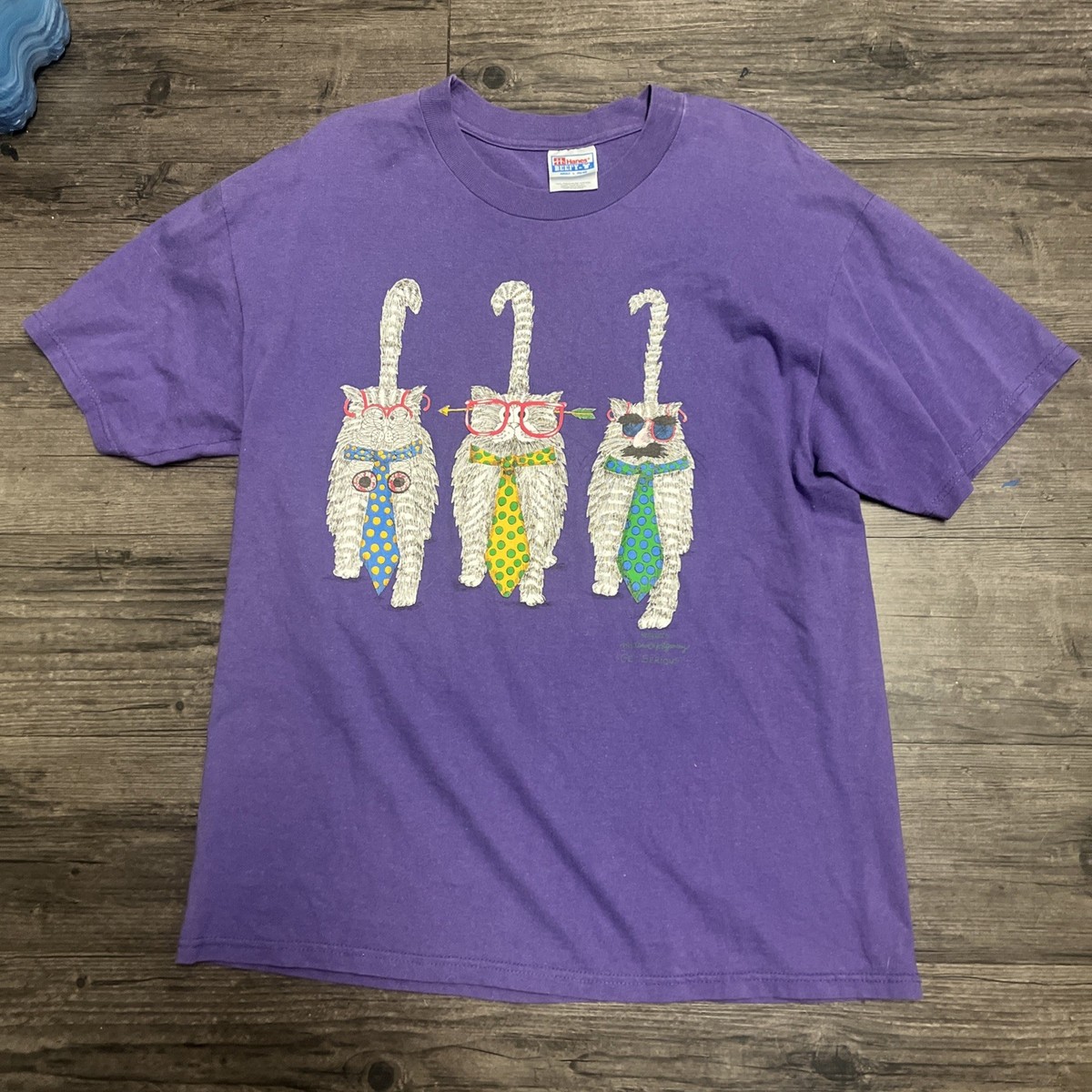 Vtg 90s Abstract Cat AOP Shirt L Single Stitch Art Animal Funny