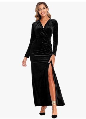 Ababalaya M Black Velvet Wrap Party Dress Long  Sleeve VNeck Maxi Slit