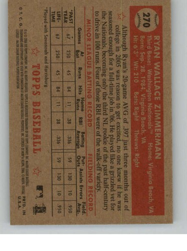 2006 Topps '52 #270 Ryan Zimmerman (RC) (ref 144865) - Picture 2 of 2