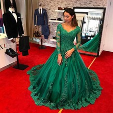 Green Long Sleeve Ball Wedding Dresses Lace Applique A-line Bridal Gowns Train