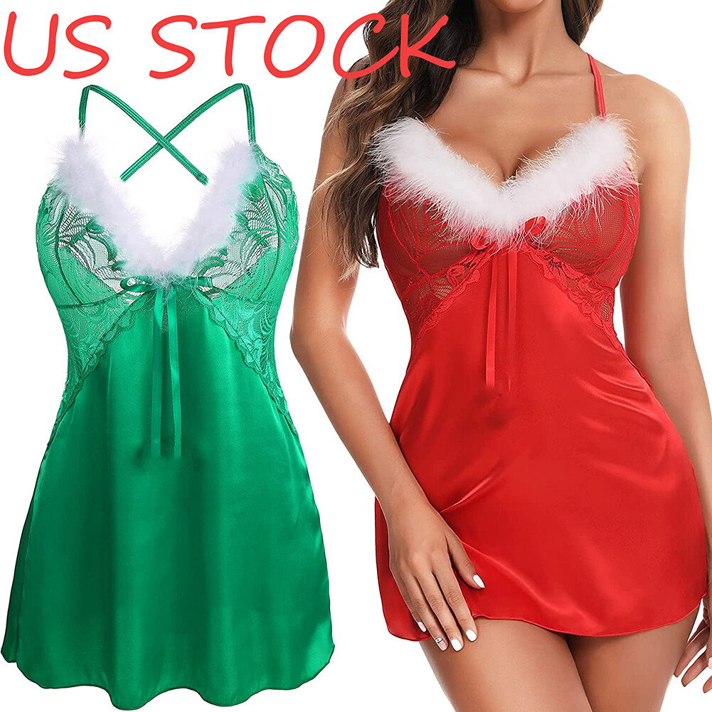 Valentine Lingerie for Women Sexy Santa Lace Babydoll Satin Chemise Sleepwear US