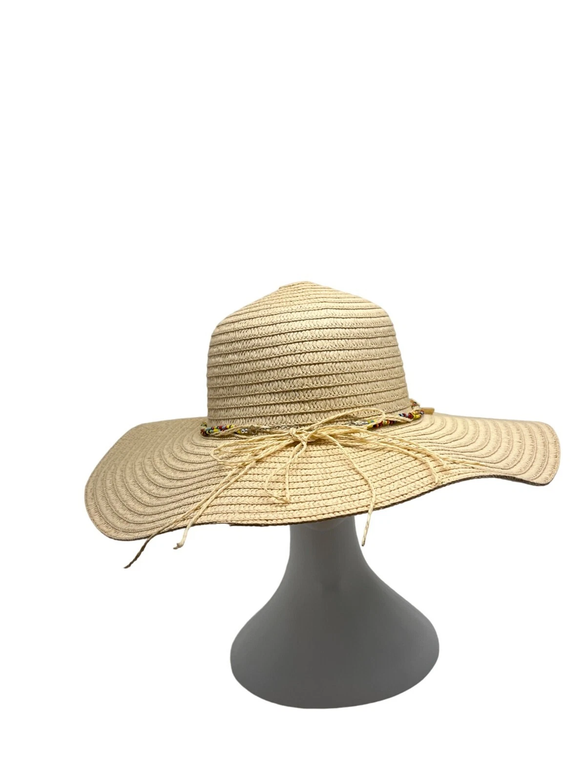 Head Wear Wide Brim Straw Sun Hat With Beaded & Shell Band For Women