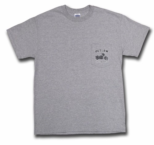 OUTLAW CYCLE PRODUCTS NEW LOGO BIKER POCKET T-SHIRT GRAY SHORT SLEEVE - Picture 2 of 3
