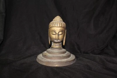 Ancienne sculpture tête de Bouddha en laiton - figurine divinité méditante se... - Photo 1/4