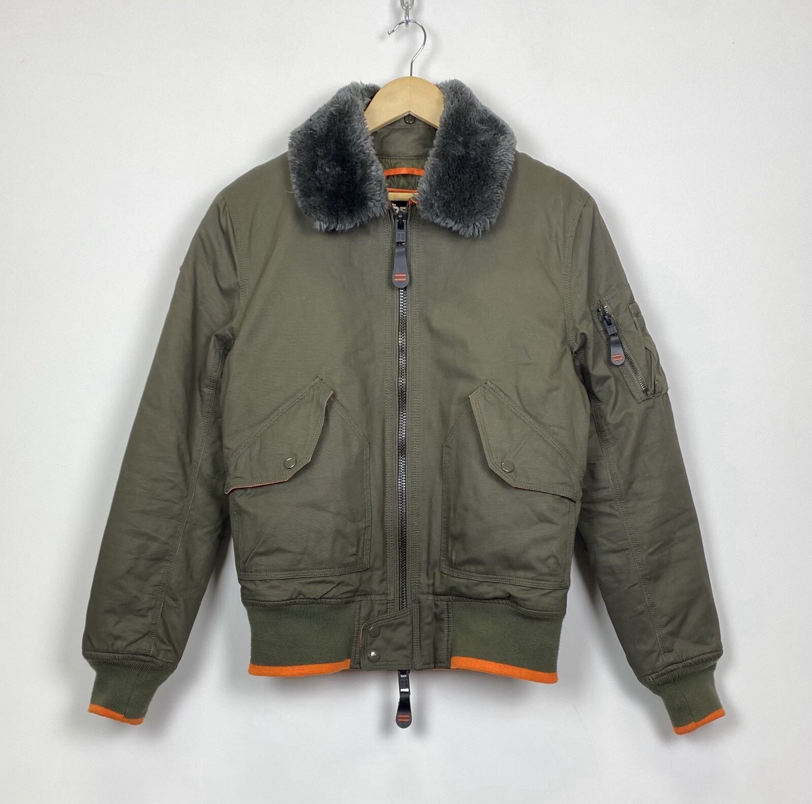 Superdry Flight Jacket Faux Fur Military B-3 Style Y2K Khaki Green Men’s Size L