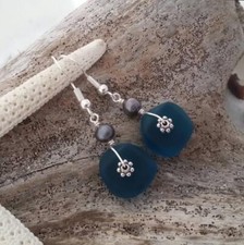 Hawaiian Jewelry Sea Glass Earrings, Light Weight Teal Earrings Pearl Earrings,