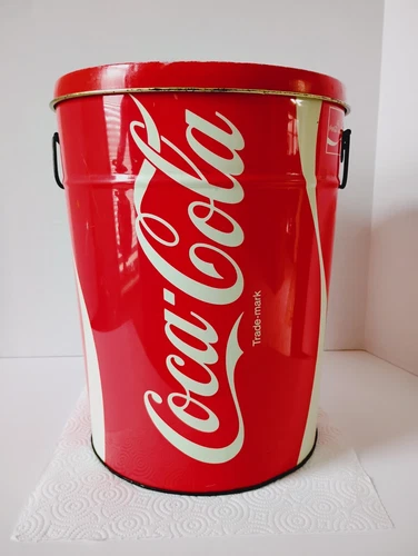 Vintage Coca Cola Classic Tin Can Bucket 13" Coke Handles 80s Waste Basket READ