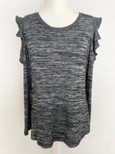 Apt 9 Womens Knit Top Size M Black Scoop Neck Ruffle Cold Shoulder Long Sleeves