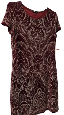Jump Apparel Mini Dress Lg Stretch Art Deco Wine W/ Gold Glitter NWT Valentines 