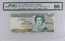 East Caribbean 5 Dollars ND(1988) P22a1 UNC - Antigua / PMG GEM66EPQ