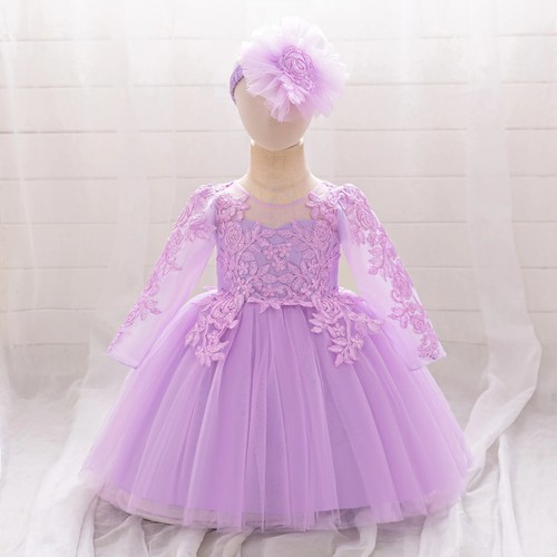 Long Sleeve Girls Party Dress Lace Baptism Costume Birthday Dress Kids Prom Gown - Picture 17 of 27