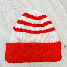 Zara Wool Blend Beanie Adult Red Ivory Striped Knit MED
