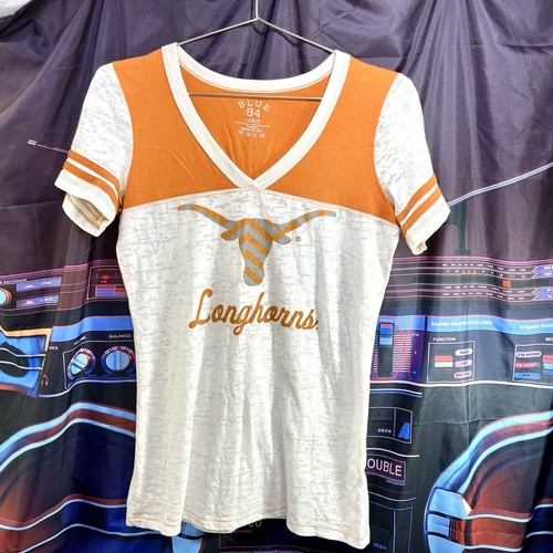 UT Texas Longhorns Logo Orange Beige Sheer Short Sleeve T-Shirt V-Neck Women's L
