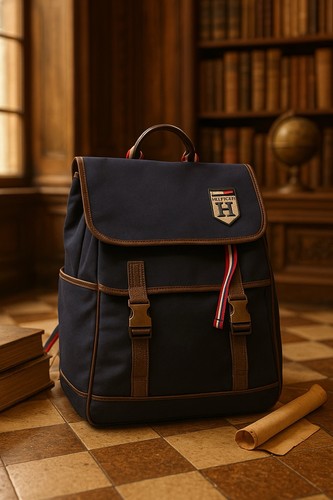 Tommy Hilfiger Navy Blue Backpack Vintage Style w/ Leather Trim – 18.5x14x4”