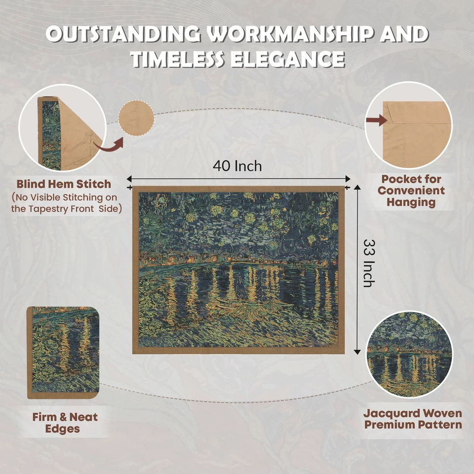 Van Gogh's Starry Night Over the Rhone Belgian Tapestry Wall Art Hanging - Image 4 of 4