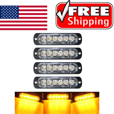 4 Pack Amber 6 LED Strobe Lights Truck Emergency Warning Flash Bar 12V-24V