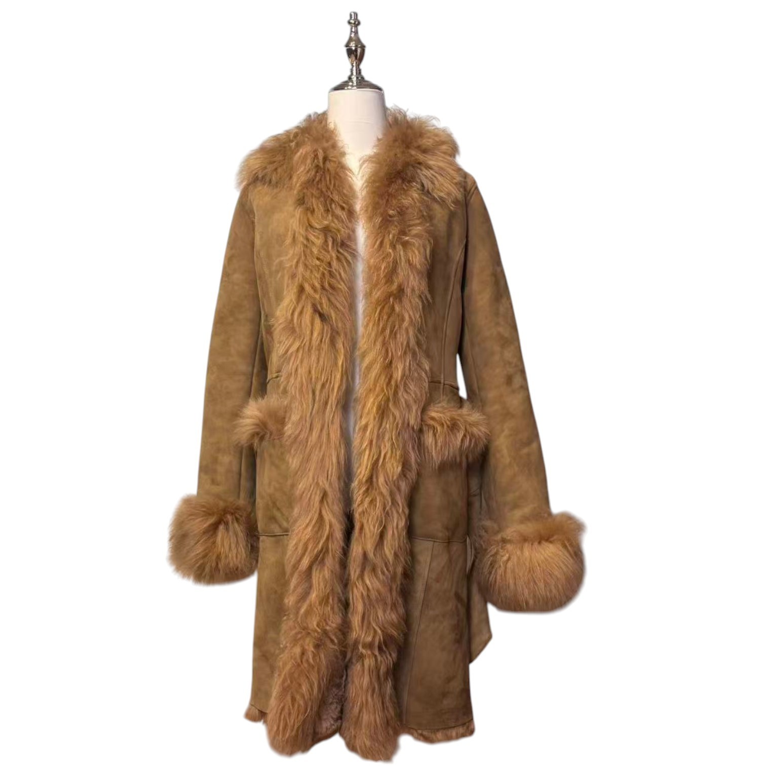 Real Sheepskin Shearling Fur Coat Suede Jacket Warm Long Bohemian M from Japan