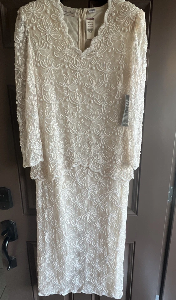 Vestido De Colección Laurence Kazar Cuentas Crema Elegante Perla Floral Encaje Formal Boda Foto 2 de 4