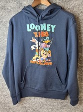 Vnt Looney Tunes That's All Folks Blue Hoodie Medium Bugs Daffy Taz Warner Bros
