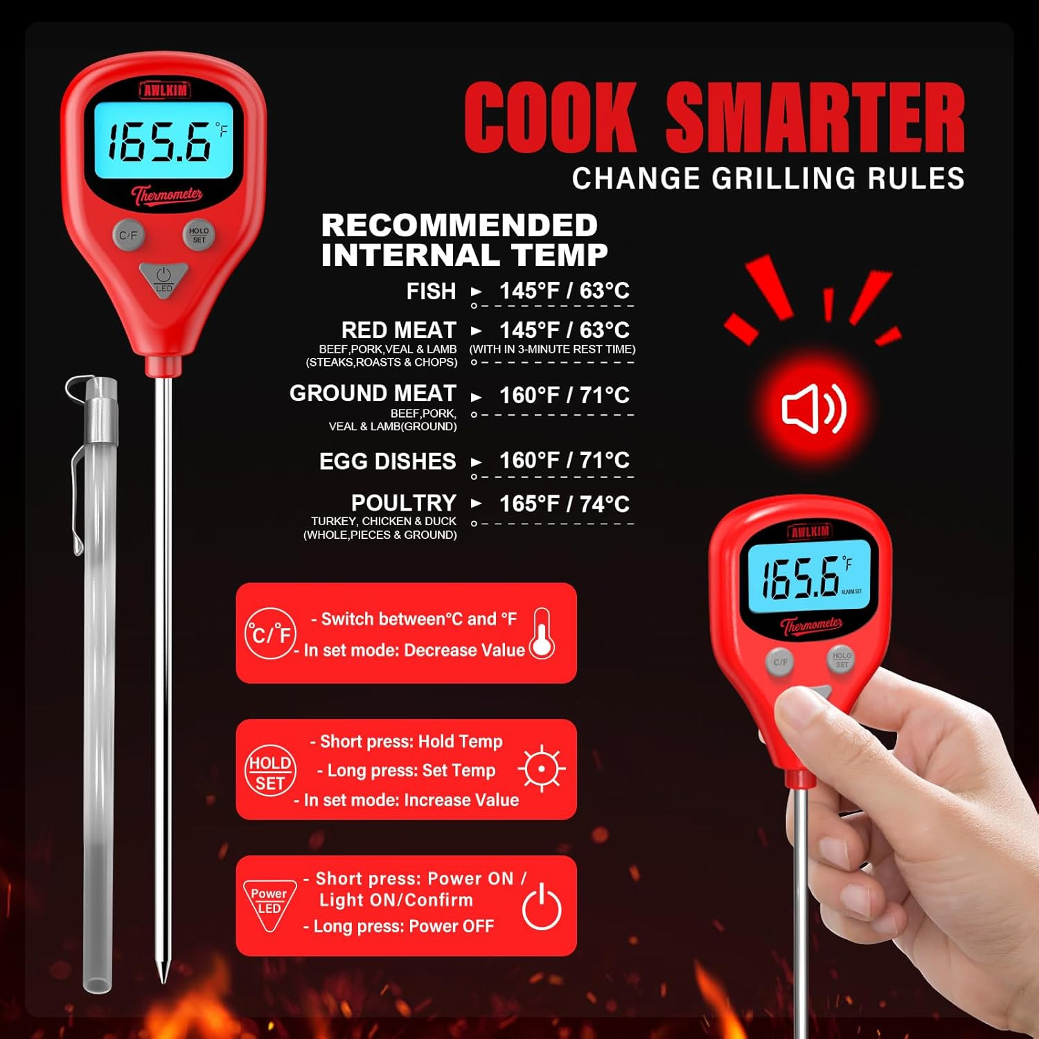 Rechargeable Digital Meat Thermometer with 3.3ft External Probe, Warning Alert,