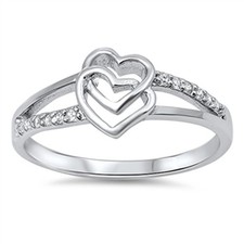 Rhodium Plating Or 925 Silver Interlocking Heart Ring With Cubic Zirconia Stones