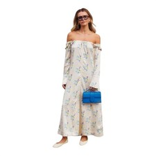 Ganni Floral Crinkled Satin Off-Shoulder Slit Maxi Dress Bell Sleeves Size 36