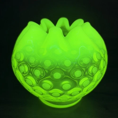 Fenton Baby Coinspot Crimped Rose Bowl Vase 4" Vaseline Uranium Topaz Opalescent