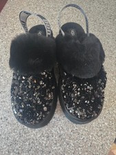UGG Women's Platform Shearling Fur Trim Logo Slippers Black sparkle Size 10