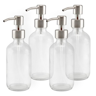 8oz Clear Glass Bottles w/ Stainless Steel Pumps 4pk; Soap/Lotion Dispensers