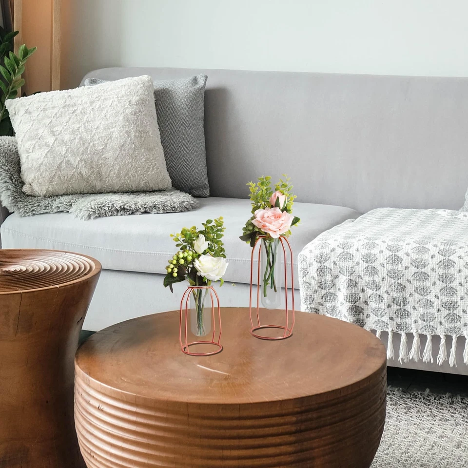 Florero de oro rosa para decoración del hogar con estante de metal, jarrones de vidrio dorado para Ce... Foto 3 de 4