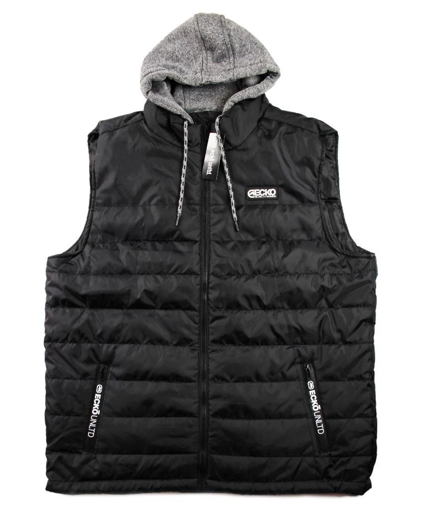 Ecko Unltd.Mens Vest Hoodie 2XL Puffer Insulated Full Zip Pockets Quilted Black