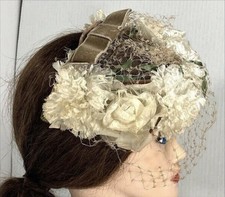 Vintage Wedding Floral Hairpiece White Fascinator or 1/2 Hat Headband w Netting
