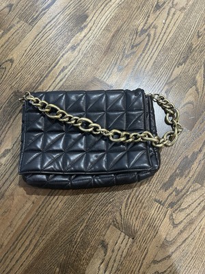 ZARA Black Quilted  Chunky Brass Chain Shoulder Bag Purse Vegan Leather  Used