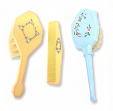 Vintage Celluloid 3pc Vanity Grooming Set Rose Floral Motif Cottagecore Nursery